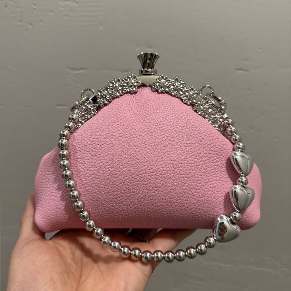 Pink Togo Calfskin Handmade Unique Kisslock Clutch, Wristlet, Crossbody - Picture 2 of 16